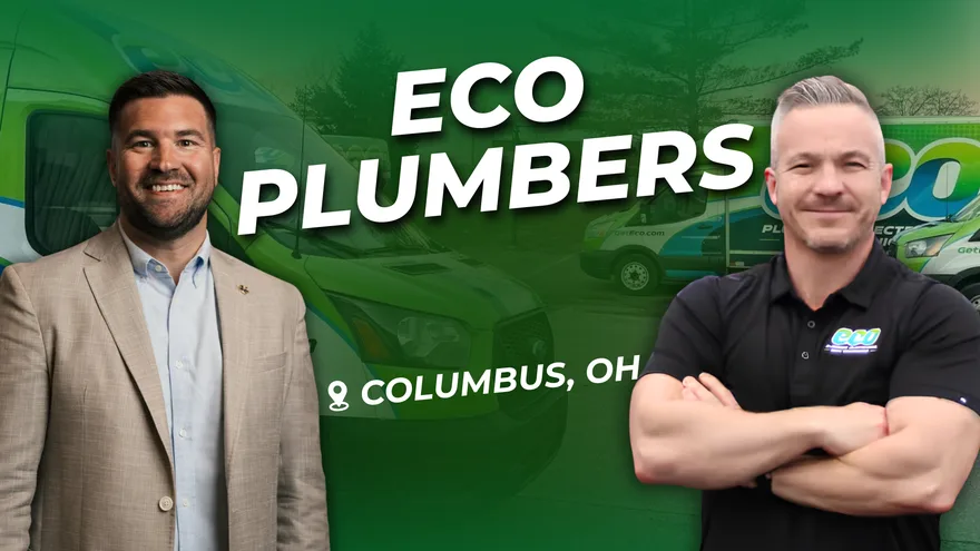ECO Plumbers testimonial video cover featuring Mike Barnhart and Aaron Gaynor, Columbus, Ohio